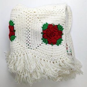 Vintage Afghan Knit Red Roses Fringe Throw Blanket White Large 46x49